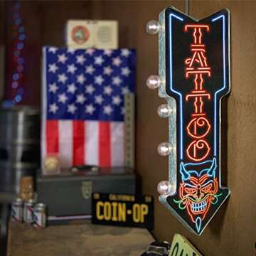 Tattoo LED Sign, Wall Mounted Home Decor for Game Room, Business, Bar, or Man Cave, Battery Operated...