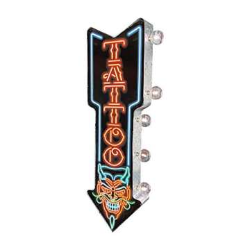 Tattoo LED Sign, Wall Mounted Home Decor for Game Room, Business, Bar, or Man Cave, Battery Operated Large Marquee Style LED Light Bulbs, 26” Double Sided and Arrow Shaped Vintage Design