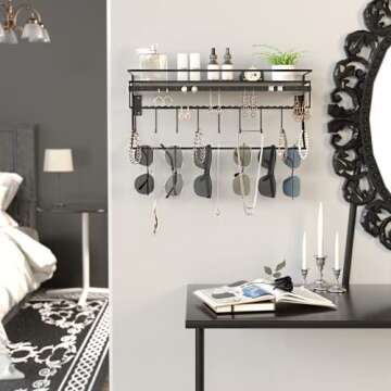 Gothic Wall Mounted Jewelry Organizer - Hanging Necklace, Earring, Bracelet Holder with Hooks and Sh...