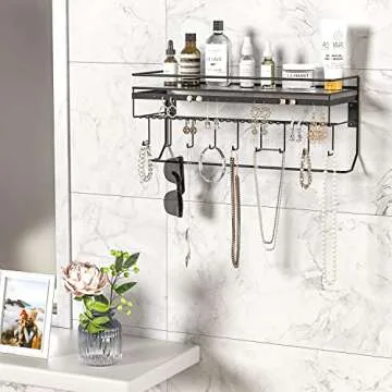 Gothic Wall Mounted Jewelry Organizer - Hanging Necklace, Earring, Bracelet Holder with Hooks and Shelf - Goth Room Decor, Iron Jewelry Display Storage Rack for Bedroom & Closet-MK238A