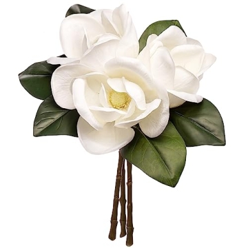 FlorisDecor 3 Stems Real Touch Creamy White Southern Magnolia Flowers, Artificial Realistic Magnolia...