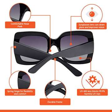 Square Oversized designer Polarized Sunglasses for Women Black Frame with Grey gradient Lens With Case and Cloth