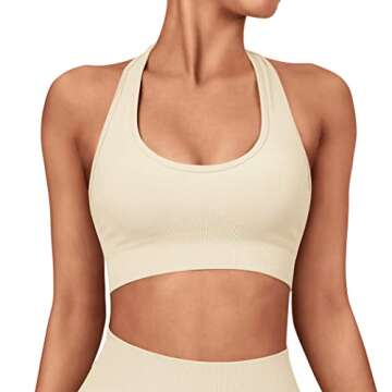 SUUKSESS Women Seamless Halter Sports Bra Open Back Padded Workout Crop Tank Tops (Beige, M)