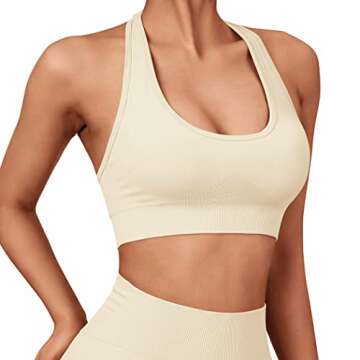 SUUKSESS Women Seamless Halter Sports Bra Open Back Padded Workout Crop Tank Tops (Beige, M)