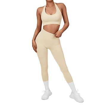 SUUKSESS Women Seamless Halter Sports Bra Open Back Padded Workout Crop Tank Tops (Beige, M)