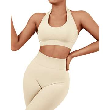 SUUKSESS Women Seamless Halter Sports Bra Open Back Padded Workout Crop Tank Tops (Beige, M)