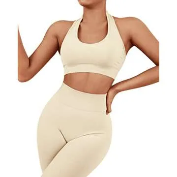 SUUKSESS Women Seamless Halter Sports Bra Open Back Padded Workout Crop Tank Tops (Beige, M)