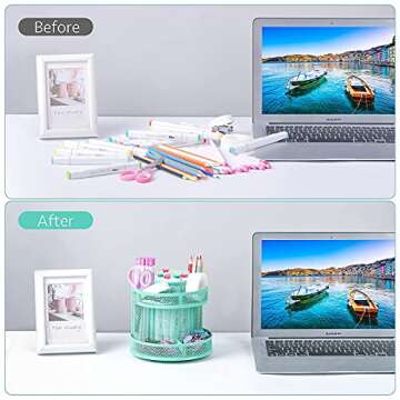 POPRUN Teal Kawaii Desk Supplies and Accessories, Cute Spinning Pen/Pencil Organizer, Rotating Art S...
