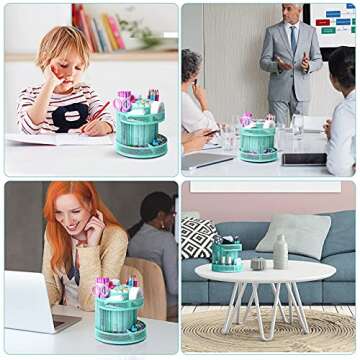 POPRUN Teal Kawaii Desk Supplies and Accessories, Cute Spinning Pen/Pencil Organizer, Rotating Art Supply Storage Box Caddy for Office, School, Classroom and Art Supply-Green