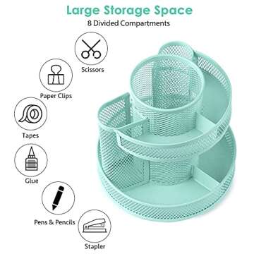 POPRUN Teal Kawaii Desk Supplies and Accessories, Cute Spinning Pen/Pencil Organizer, Rotating Art Supply Storage Box Caddy for Office, School, Classroom and Art Supply-Green