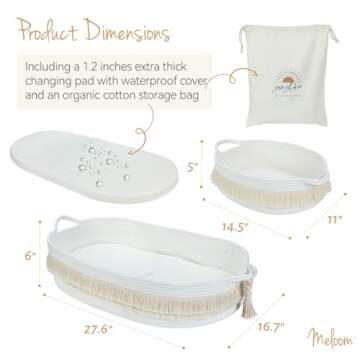 Baby Changing Basket with Pads and Safety Belt- 100% Cotton Boho Baby Moses Basket Changing Table and Thick Pad with Waterproof Mattress Cover, Nursery Decor in Brown and White Color with Storage Bag