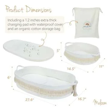 Baby Changing Basket with Pads and Safety Belt- 100% Cotton Boho Baby Moses Basket Changing Table and Thick Pad with Waterproof Mattress Cover, Nursery Decor in Brown and White Color with Storage Bag
