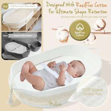 Baby Changing Basket with Pads and Safety Belt- 100% Cotton Boho Baby Moses Basket Changing Table and Thick Pad with Waterproof Mattress Cover, Nursery Decor in Brown and White Color with Storage Bag