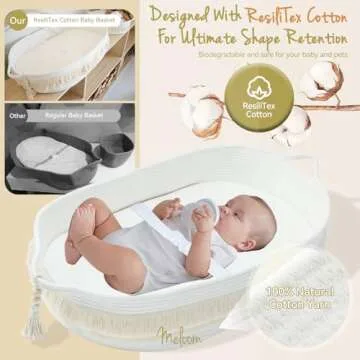 Baby Changing Basket with Pads and Safety Belt- 100% Cotton Boho Baby Moses Basket Changing Table and Thick Pad with Waterproof Mattress Cover, Nursery Decor in Brown and White Color with Storage Bag