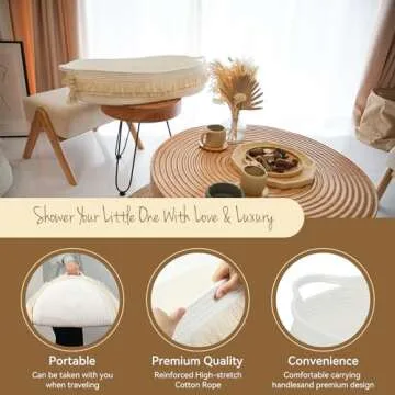 Baby Changing Basket with Pads and Safety Belt- 100% Cotton Boho Baby Moses Basket Changing Table and Thick Pad with Waterproof Mattress Cover, Nursery Decor in Brown and White Color with Storage Bag