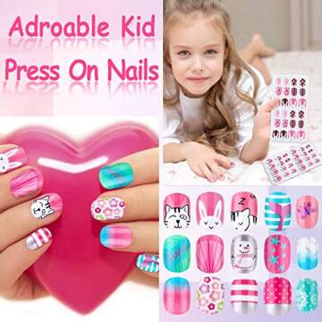 Kids Press on Nails, Thrilez 144Pcs Girls False Nails Children Artificial Fake Nail Tips Pre Glue St...