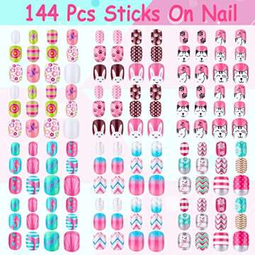 Kids Press on Nails, Thrilez 144Pcs Girls False Nails Children Artificial Fake Nail Tips Pre Glue Stick on Short Nails Decoration Gift for Kids Teens Girls Age 7 12 (Colorful Days)
