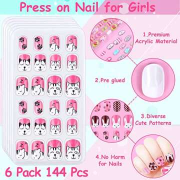 Kids Press on Nails, Thrilez 144Pcs Girls False Nails Children Artificial Fake Nail Tips Pre Glue Stick on Short Nails Decoration Gift for Kids Teens Girls Age 7 12 (Colorful Days)