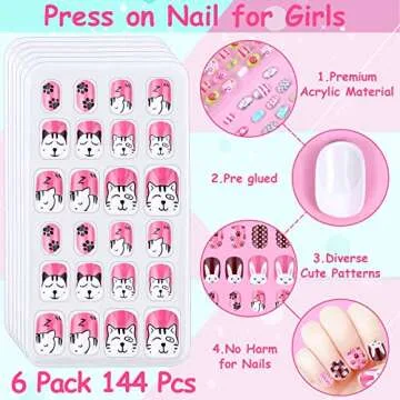 Kids Press on Nails, Thrilez 144Pcs Girls False Nails Children Artificial Fake Nail Tips Pre Glue Stick on Short Nails Decoration Gift for Kids Teens Girls Age 7 12 (Colorful Days)