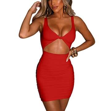 Kaximil Women's Sexy Bodycon Sleeveless Cut Out Ruched Tank Mini Club Party Dresses, Medium, Red