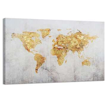 Kas Home Art Vintage Large Gold Foil World Map Wall Art Painting Pictures Print on Canvas Art the Pi...