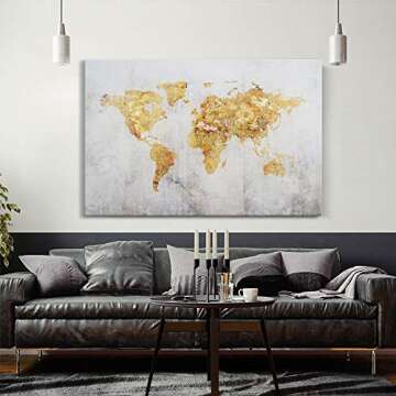 Kas Home Art Vintage Large Gold Foil World Map Wall Art Painting Pictures Print on Canvas Art the Picture for Home Modern Decoration Office Wall Decor (24 x 36 Inch, B Framed)
