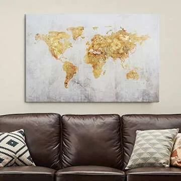 Kas Home Art Vintage Large Gold Foil World Map Wall Art Painting Pictures Print on Canvas Art the Picture for Home Modern Decoration Office Wall Decor (24 x 36 Inch, B Framed)