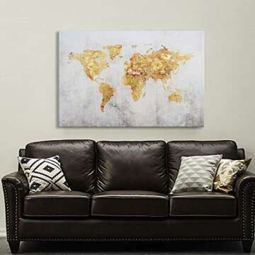 Kas Home Art Vintage Large Gold Foil World Map Wall Art Painting Pictures Print on Canvas Art the Picture for Home Modern Decoration Office Wall Decor (24 x 36 Inch, B Framed)