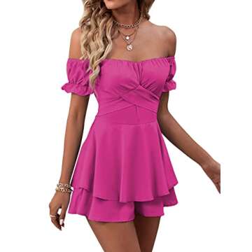 LYANER Women's Off the Shoulder Wrap Tie Up Back Ruffle Trim Short Sleeve Romper Short Jumpsuit Hot Pink Small