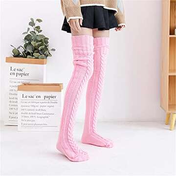 YELAIVP Women's Cable Knitted Thigh High Socks Over Knee Boot Stockings Extra Long Winter Leg Warmers