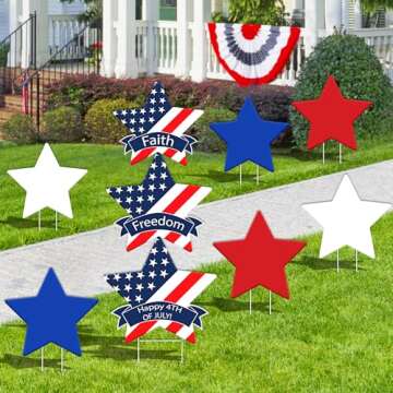 dunfack 4th of July Decorations Outdoor Yard Sign Lawn Decorations - 9 Pcs Patriotic Star Yard Sign with Stakes - Red White Blue Stars - Memorial Day Independence Day Yard Decorations