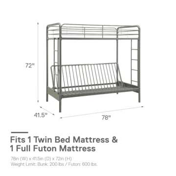 DHP Sammie Twin over Futon Bunk Bed - Silver Metallic Style