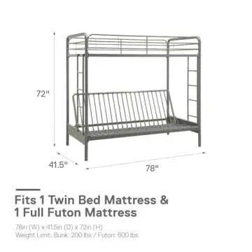 DHP Sammie Twin over Futon Bunk Bed - Silver Metallic Style
