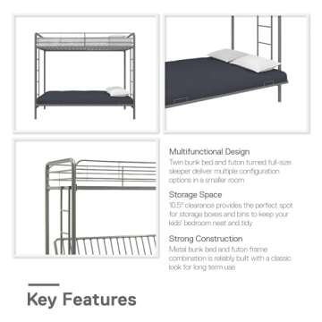 DHP Sammie Twin over Futon Bunk Bed - Silver Metallic Style