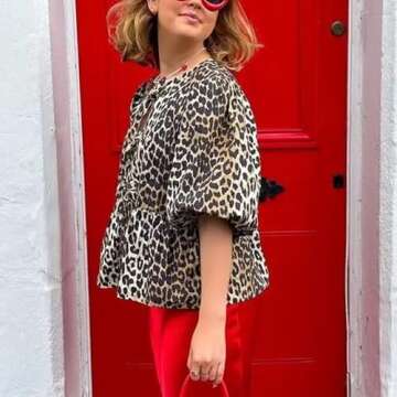 Tie Front Tops Women Y2k Leopard Print Peplum Babydoll Top 3/4 Length Puff Sleeve Coquette Tops Cute Going Out Tops