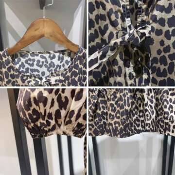 Tie Front Tops Women Y2k Leopard Print Peplum Babydoll Top 3/4 Length Puff Sleeve Coquette Tops Cute Going Out Tops
