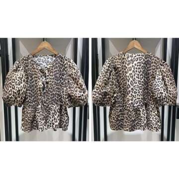 Tie Front Tops Women Y2k Leopard Print Peplum Babydoll Top 3/4 Length Puff Sleeve Coquette Tops Cute Going Out Tops