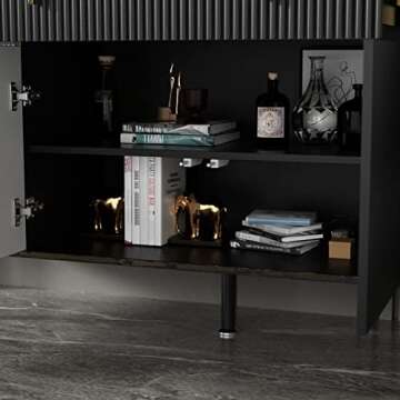 FAMAPY Modern Credenza Sideboard Buffet with Drawer & Pop-Up Doors, Buffet Sideboard Storage Cabinet with Black Metal Legs, for Living Room Hallway Black and Gold (63”W x 15.7”D x 31.5”H)