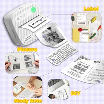 Mini Printer with 6 Rolls Sticker Paper, Receipt Printer for Study Notes, Pictures, DIY, Label, App ...