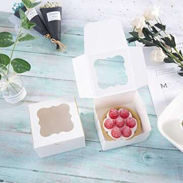 ONE MORE 25 Pack White Bakery Box with Window 4x4x2.5 inch Eco-Friendly Paper Board Cardboard Gift Packaging Boxes for Pastries, Cookies, Small Cakes, Pie, Cupcakes (White, 25)