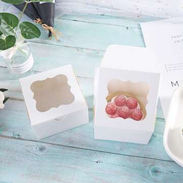 ONE MORE 25 Pack White Bakery Box with Window 4x4x2.5 inch Eco-Friendly Paper Board Cardboard Gift Packaging Boxes for Pastries, Cookies, Small Cakes, Pie, Cupcakes (White, 25)