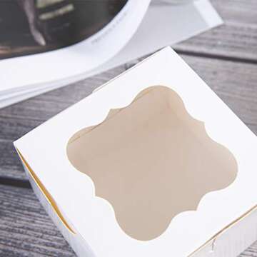 ONE MORE 25 Pack White Bakery Box with Window 4x4x2.5 inch Eco-Friendly Paper Board Cardboard Gift Packaging Boxes for Pastries, Cookies, Small Cakes, Pie, Cupcakes (White, 25)