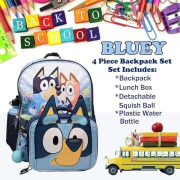 AI ACCESSORY INNOVATIONS Bluey 4 Piece Backpack Set for Pre-School Girls & Boys, Kids 16" School Bag