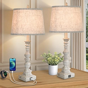 Set of 2 Farmhouse Table Lamps, 27.5'' Tall Rustic Bedside Lamps with 2 USB Ports, Beige Fabric Shad...