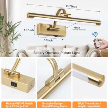 Tassuowell Wireless Picture Lights for Wall Rechargeable, Battery Operated Art Light for Paintings, 3CCT Dimmable, 15.7" Brass Finish with Remote, Rotatable Gallery Light for Pictures Display