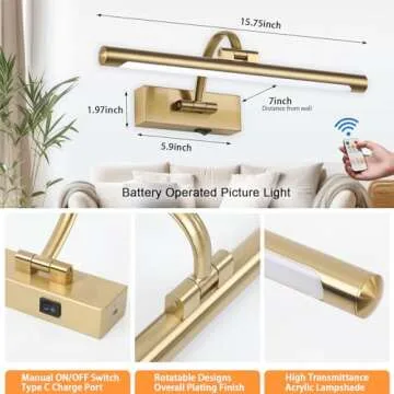 Tassuowell Wireless Picture Lights for Wall Rechargeable, Battery Operated Art Light for Paintings, 3CCT Dimmable, 15.7" Brass Finish with Remote, Rotatable Gallery Light for Pictures Display