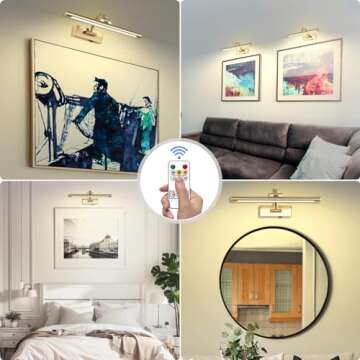 Tassuowell Wireless Picture Lights for Wall Rechargeable, Battery Operated Art Light for Paintings, 3CCT Dimmable, 15.7" Brass Finish with Remote, Rotatable Gallery Light for Pictures Display
