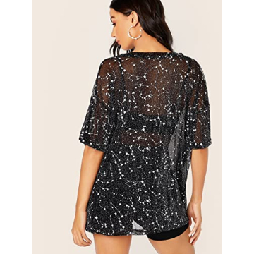 WDIRARA Women's Floral Sheer Mesh Blouse Black Galaxy