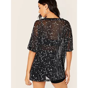 WDIRARA Women's Floral Sheer Mesh Blouse Black Galaxy