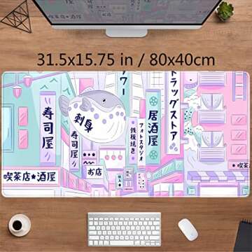 Pastel Tokyo Street Cute Desk Mat - Kawaii Anime Mousepad for Gaming & Work 31.5x15.75 in
